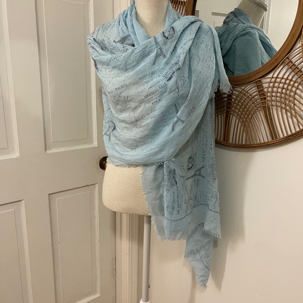 Paris Postcard Large Scarf Shawl OS Light Blue Eiffel Tower French Travel